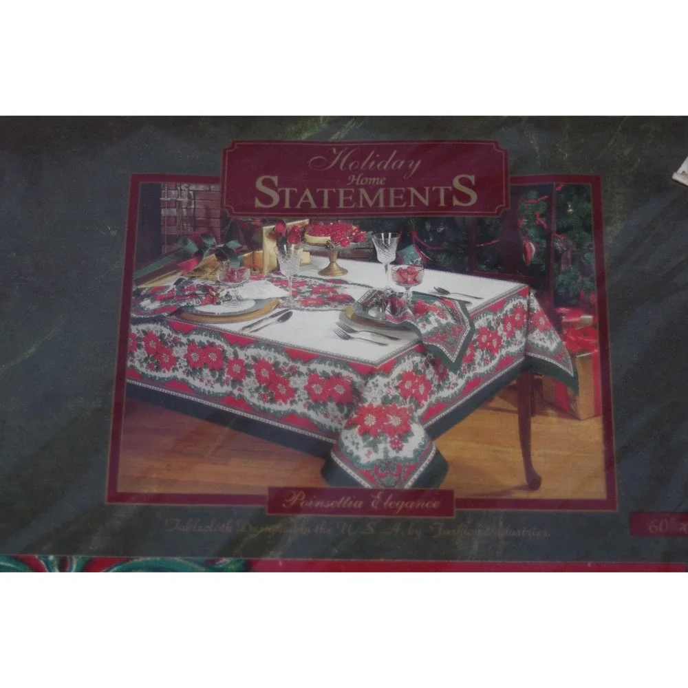 Vtg 90s Christmas Fashion Industries Poinsettia Elegance Tablecloth NOS 60 x 118